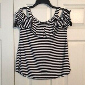 CABLE and GOUGE Small Black White Striped Cold Shoulder Shirt Top Blouse Ruffle